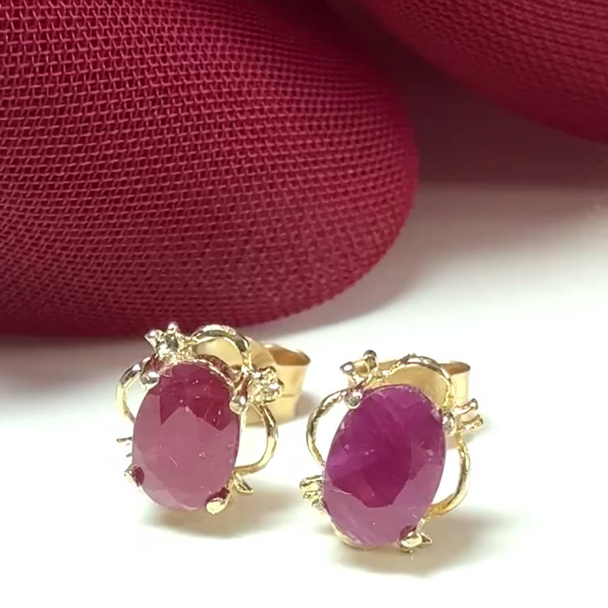 Yellow Gold Pierced Oval Ruby Stud Earrings