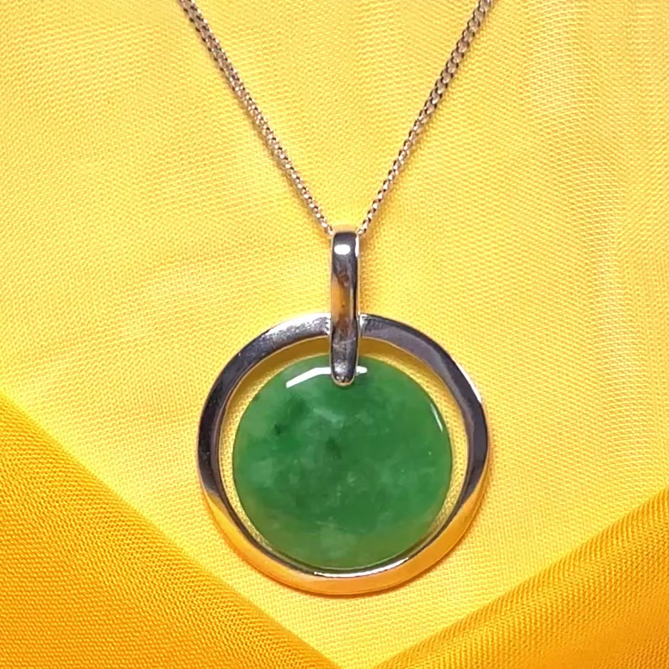 Large silver round shaped dark green real jade pendant necklace