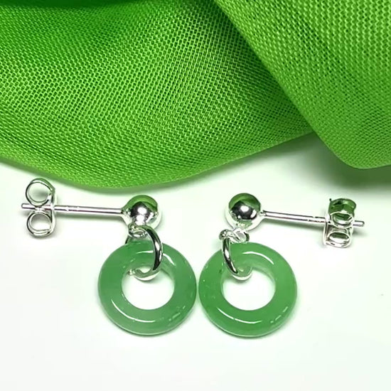 Green real jade sterling silver round dropped dangling earrings