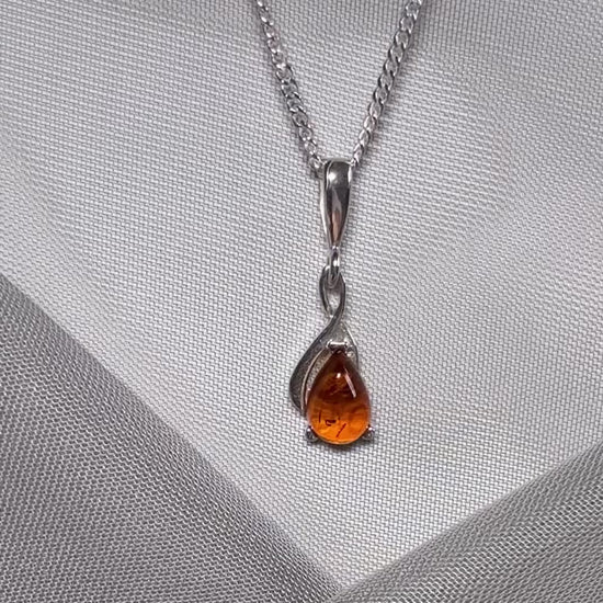 Sterling silver real amber pear cut necklace open teardrop shaped pendant with chain included