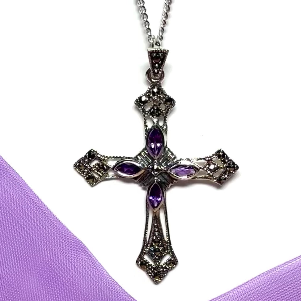 Large real amethyst cross with real marcasite and chain sterling silver