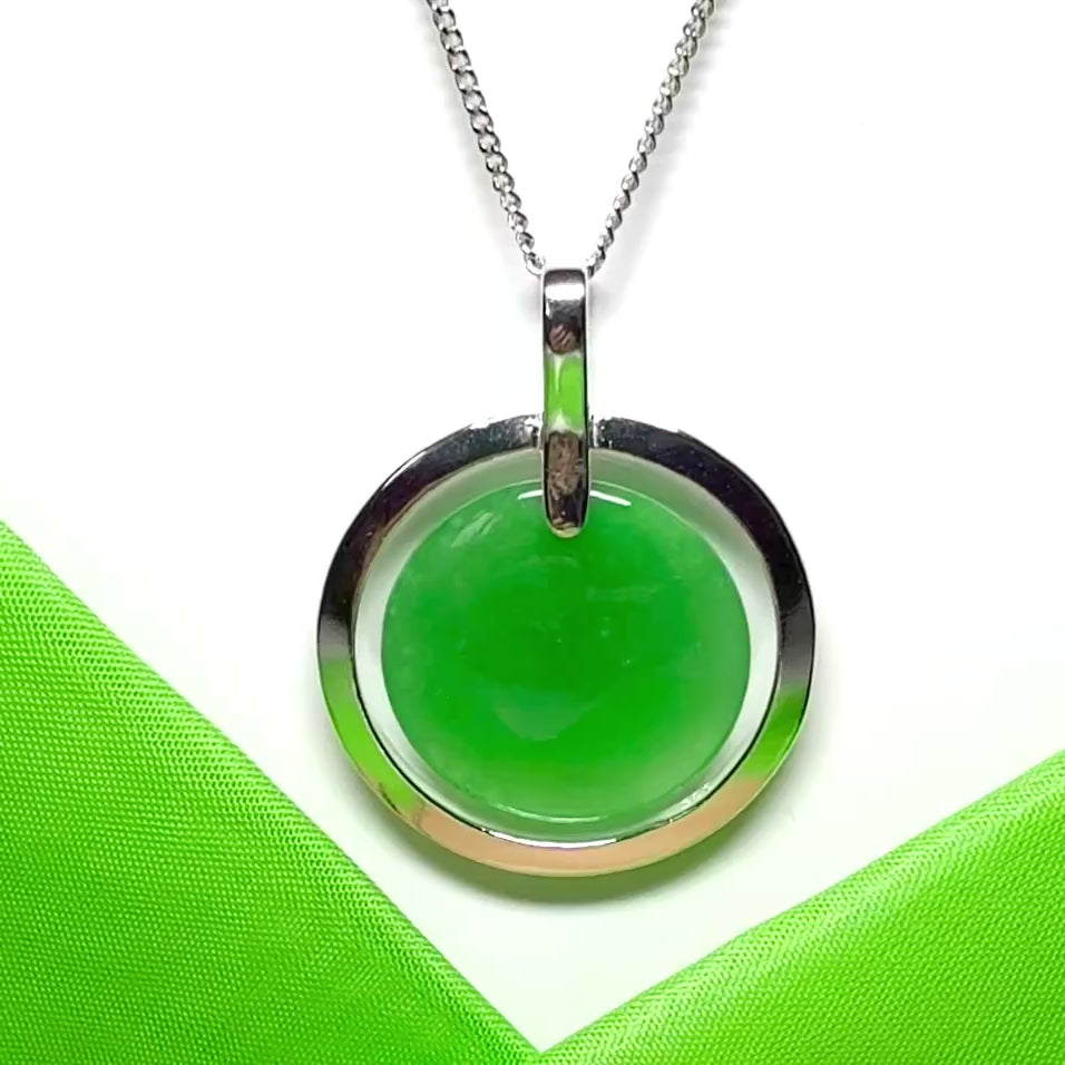 Large sterling silver round shaped green real jade necklace halo style pendant with a chain