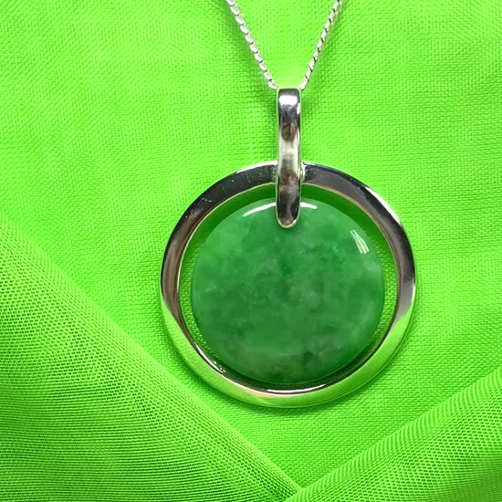 Large round necklace sterling silver with a distinctive circle shaped green real jade halo styled pendant with a chain included