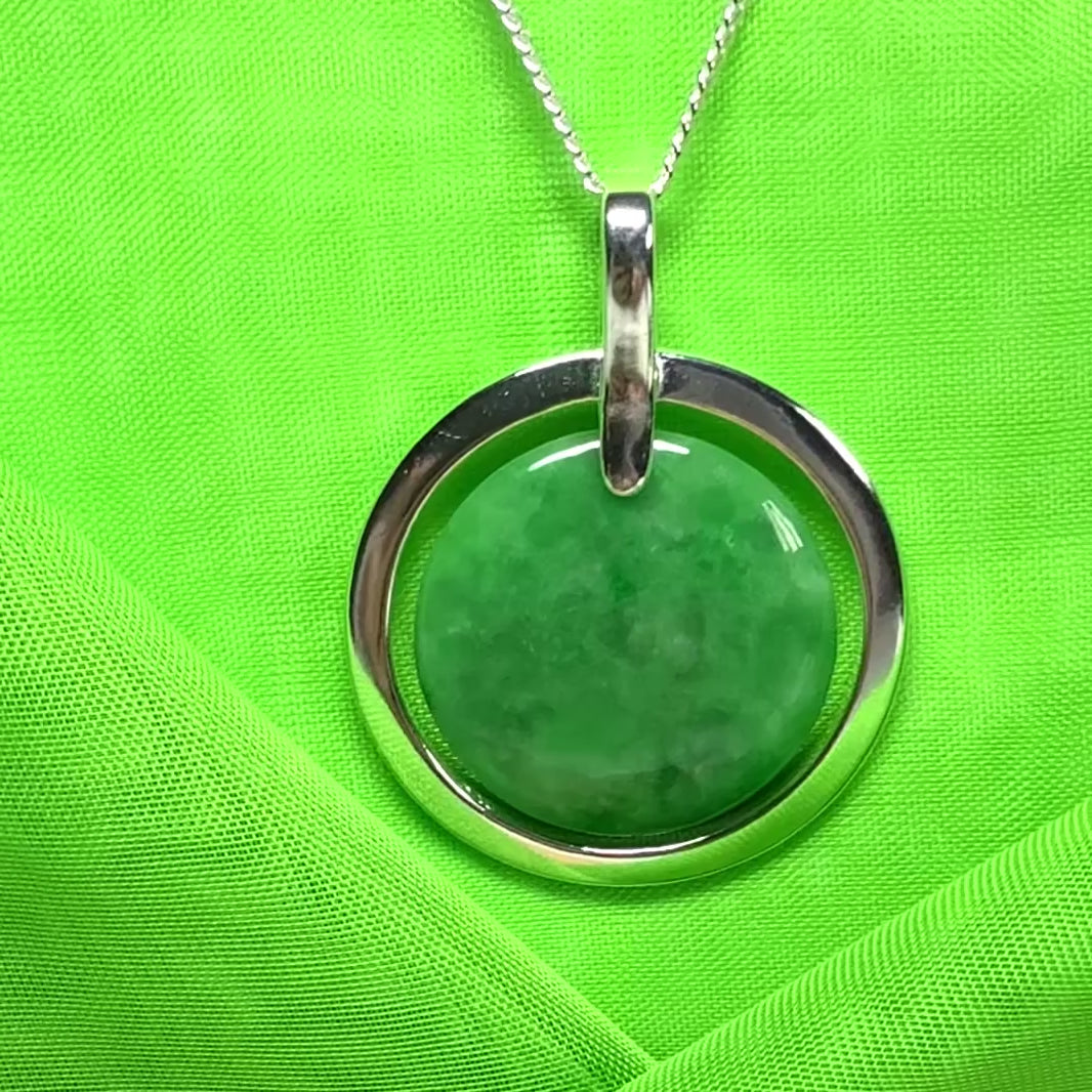 Large round necklace sterling silver with a distinctive circle shaped green real jade halo styled pendant with a chain included