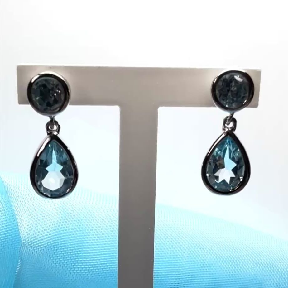 Real blue topaz double drop earrings sterling silver rubbed over