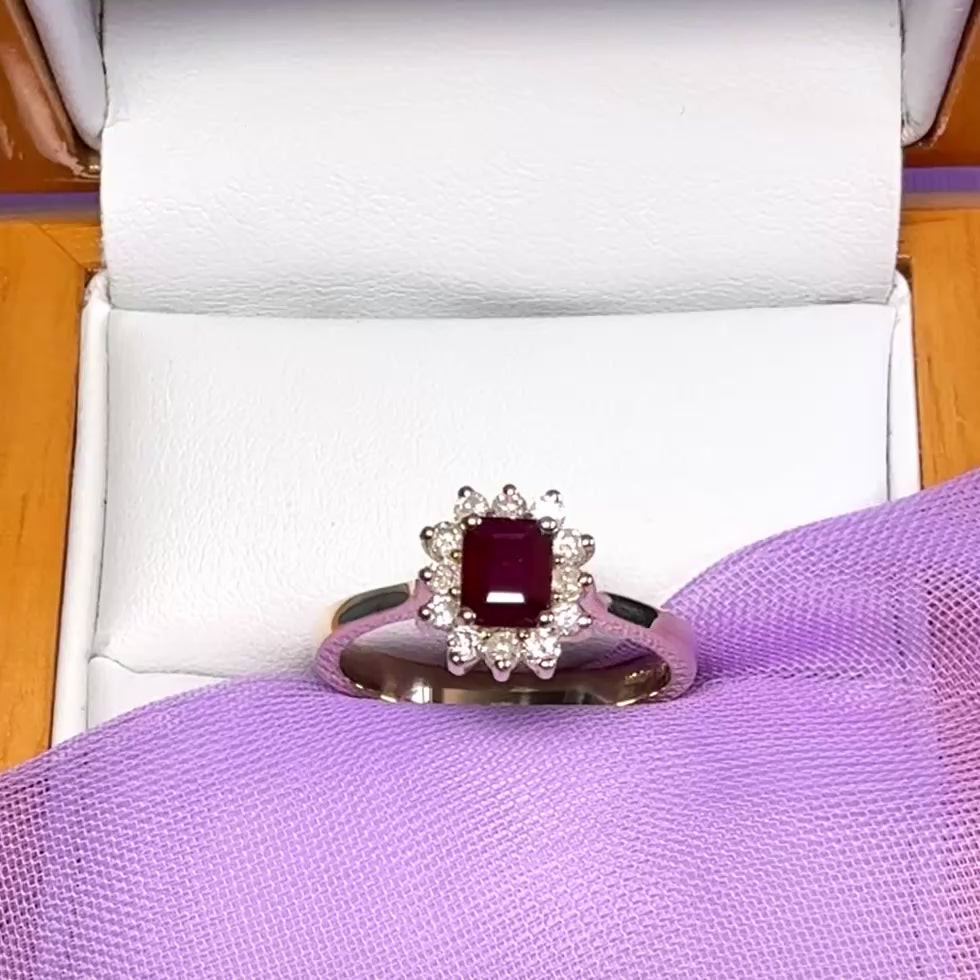 Square red real ruby and diamond yellow gold cluster ring