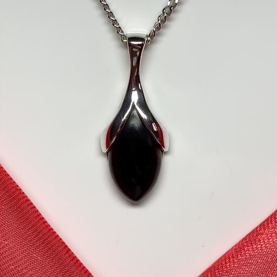 Real black onyx necklace marquise shaped sterling silver pendant