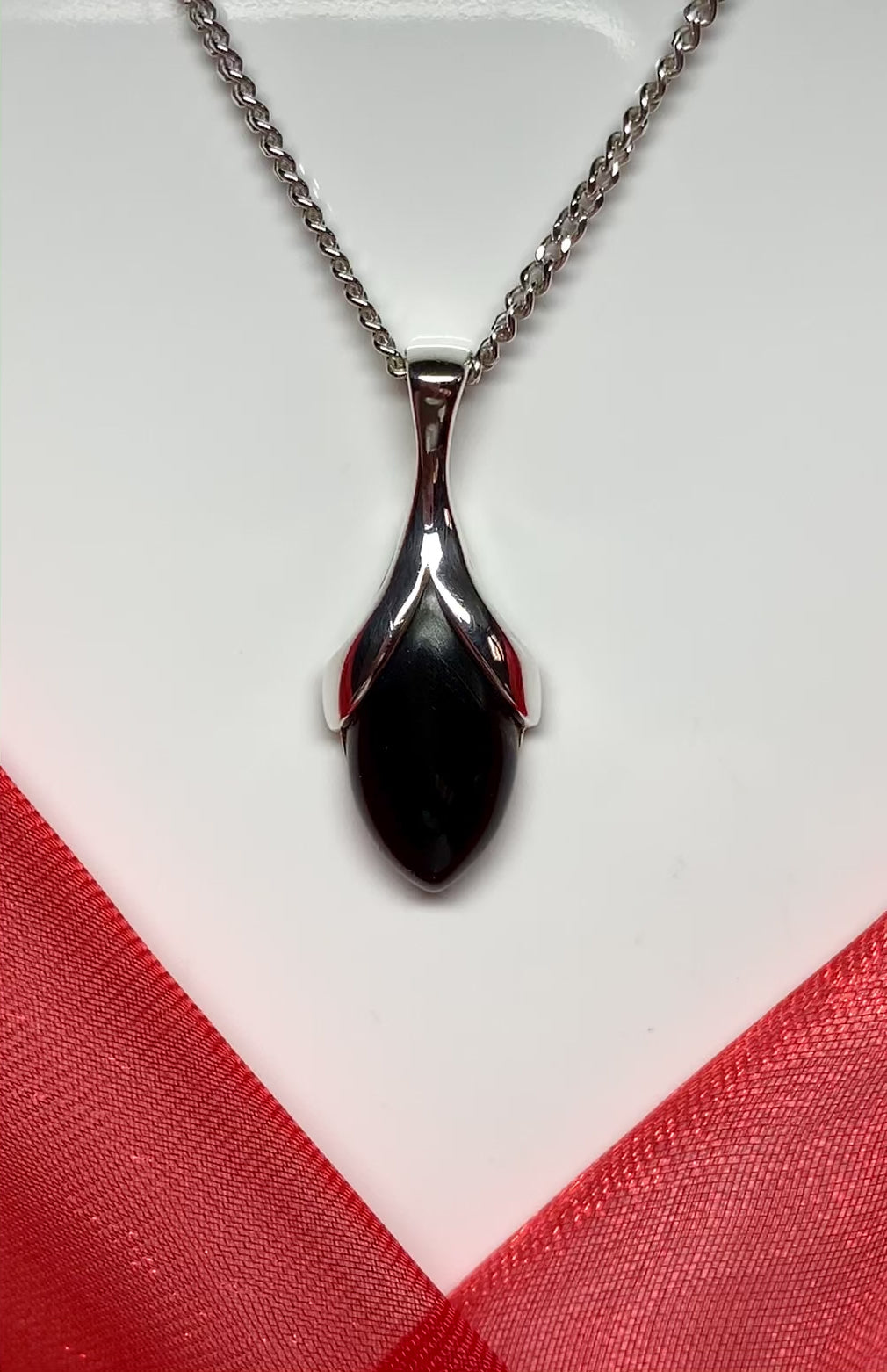 Real black onyx necklace marquise shaped sterling silver pendant