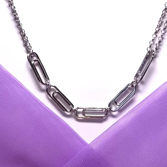 Ladies solid sterling silver fancy paper clip chain necklace