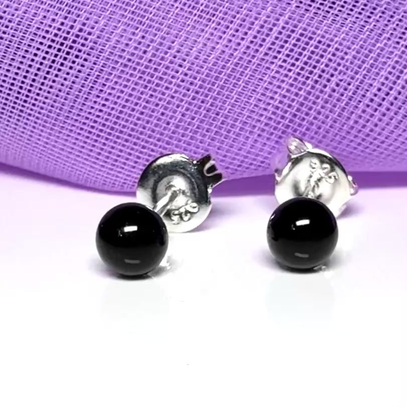 Black real onyx round ball shaped stud earrings