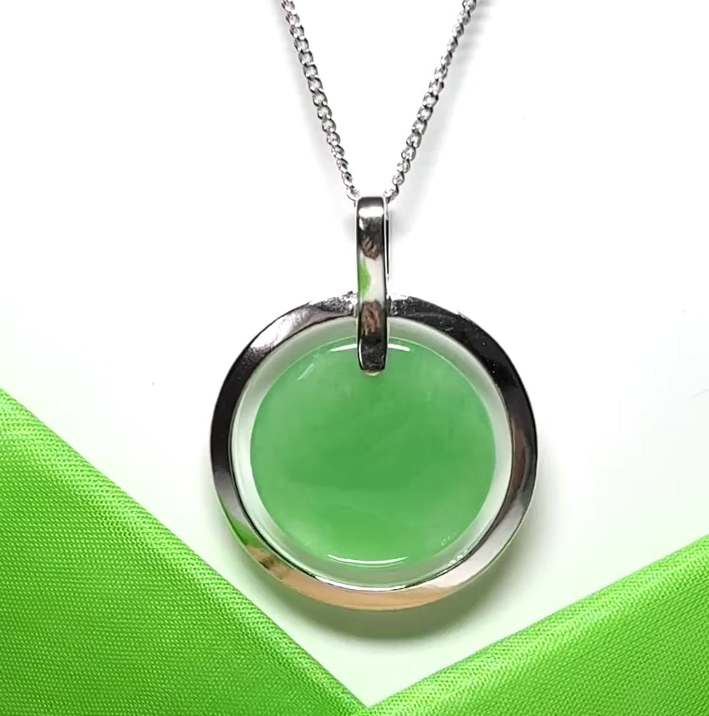 Large necklace sterling silver round shaped green real jade halo styled circle pendant