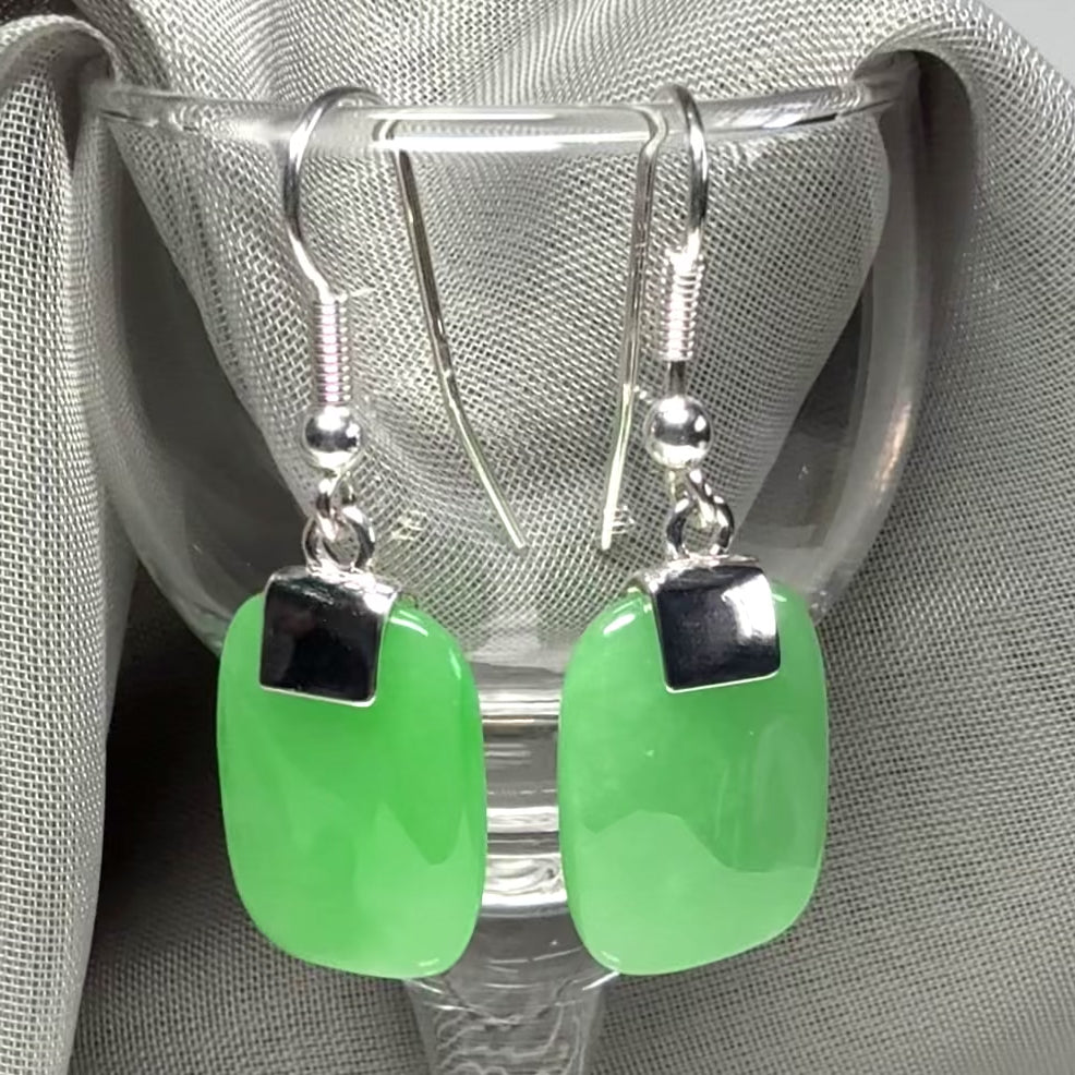 Real Green Jade Drop Earrings With Cushion Shaped Stones Sterling Silver