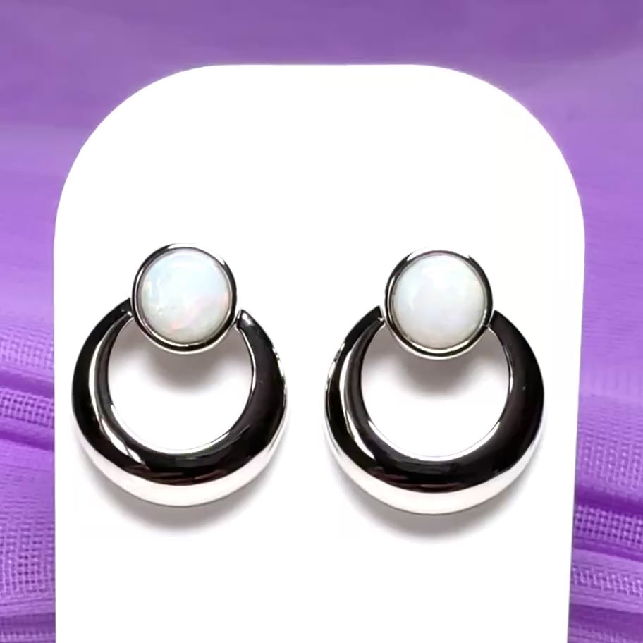 Round shape real opal stud dropped earrings sterling silver