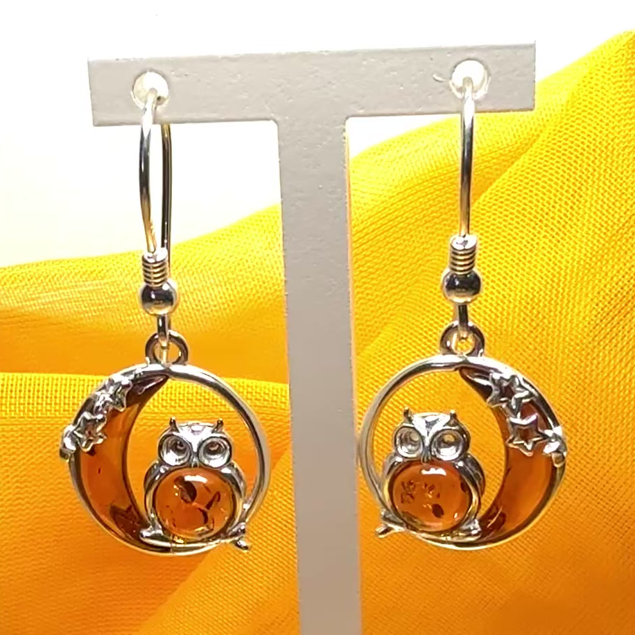 Owl and moon round shaped drop earrings real amber sterling silver