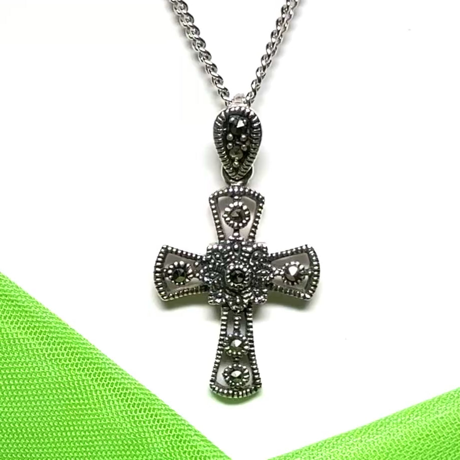 Fancy patterned cross set with real marcasite stones sterling silver
