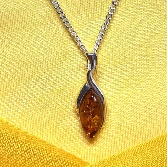 Sterling silver real amber marquise shaped necklace twisted marquise shaped pendant with a chain