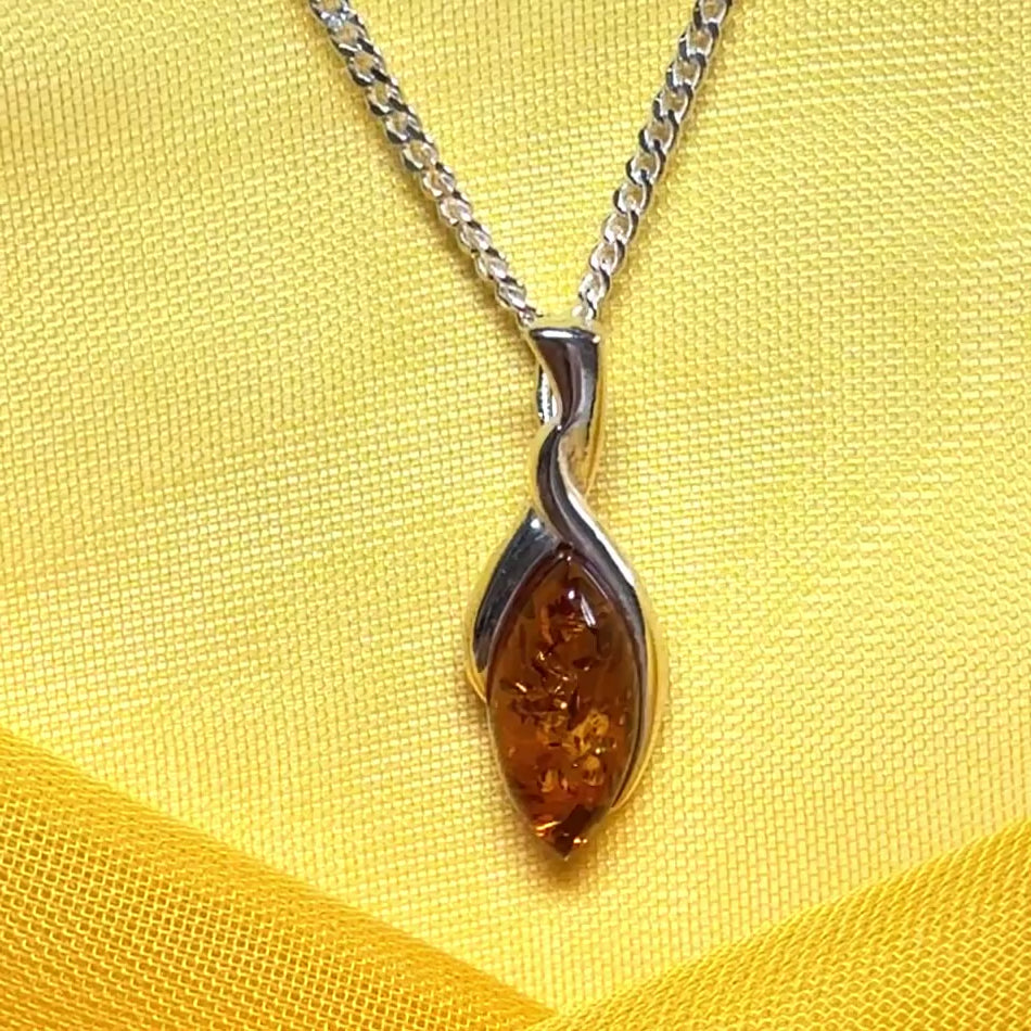 Sterling silver real amber marquise shaped necklace twisted marquise shaped pendant with a chain
