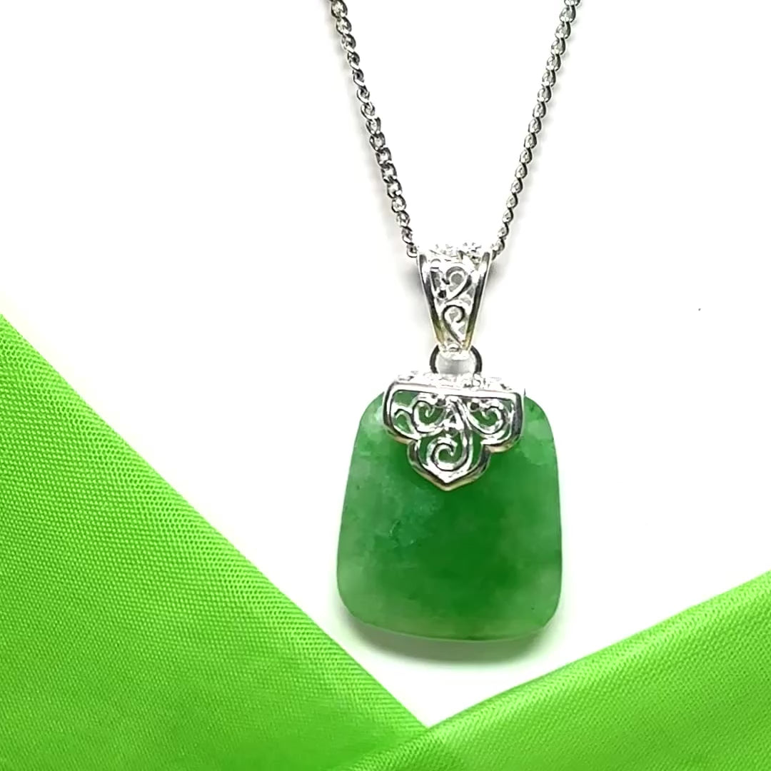 Real green jade necklace large cushion shaped including a solid silver curb chain included sterling silver