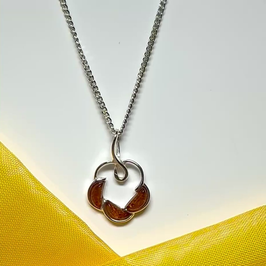 Round shaped real amber drop necklace pendant open made in sterling silver