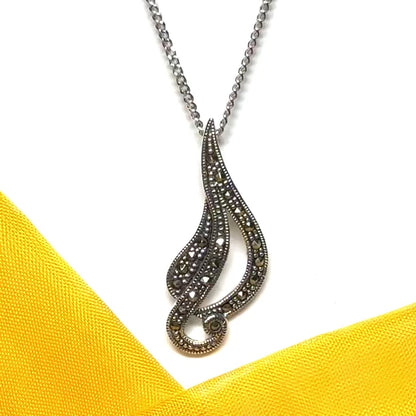 Real marcasite necklace open swirl shaped sterling silver pendant including chain