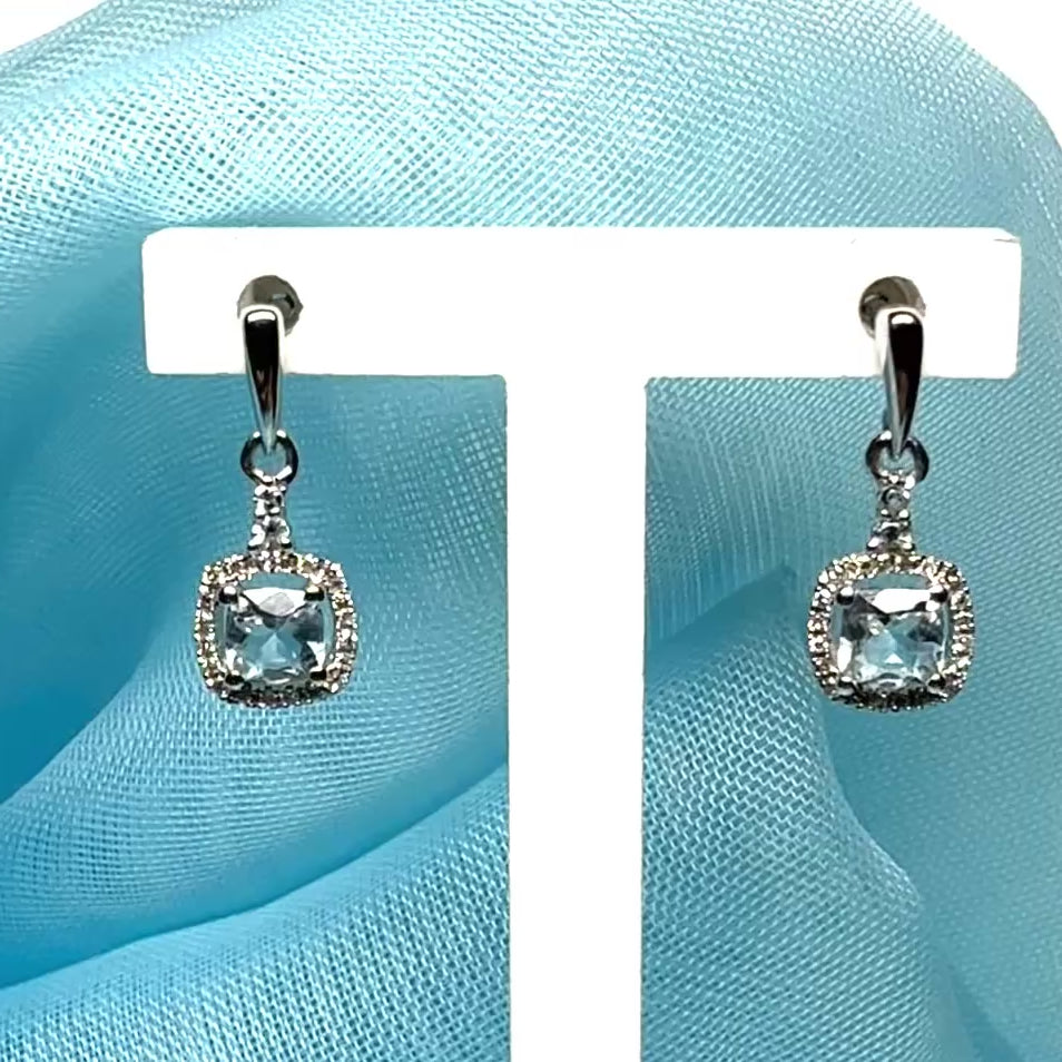 Aquamarine And Diamond White Gold Square Cluster Drop Earrings