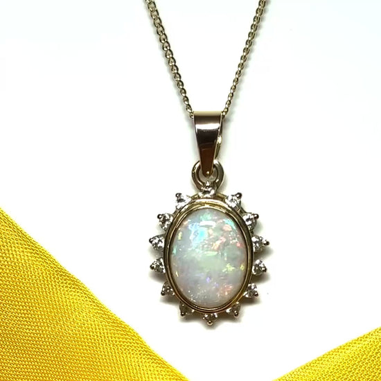 Large oval real opal and real diamond yellow gold necklace pendant