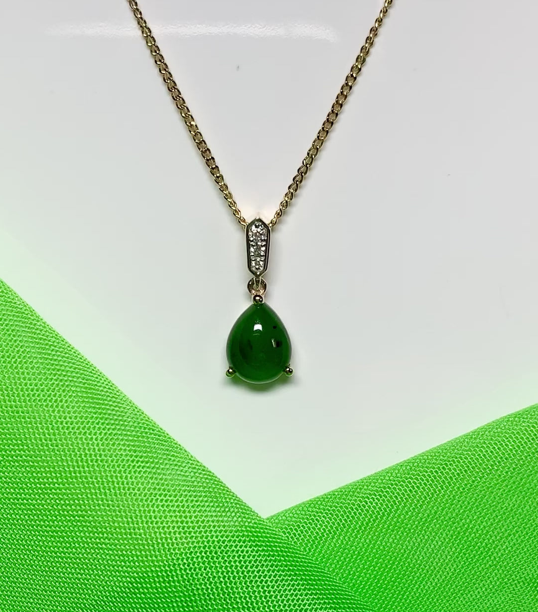 Real green jade necklace pear teardrop and diamond yellow gold pendant