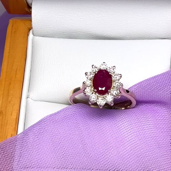 Oval red real ruby and diamond yellow gold cluster ring