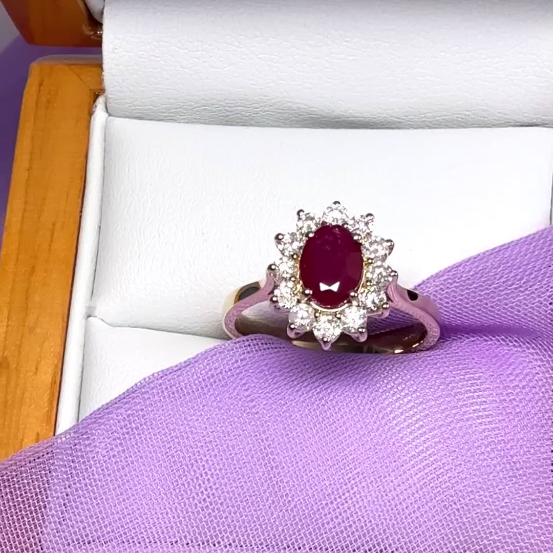 Oval red real ruby and diamond yellow gold cluster ring