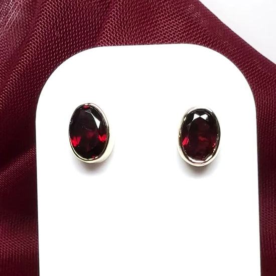 Real red garnet stud earrings yellow gold oval rub over smooth setting