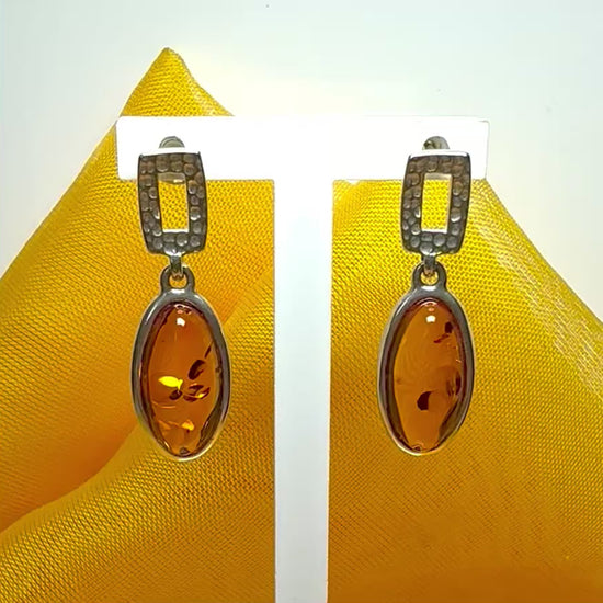 Earrings orange real amber oval drop open sterling silver