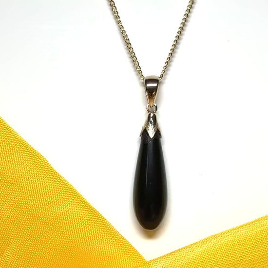 Real black onyx necklace drop shaped pendant yellow gold