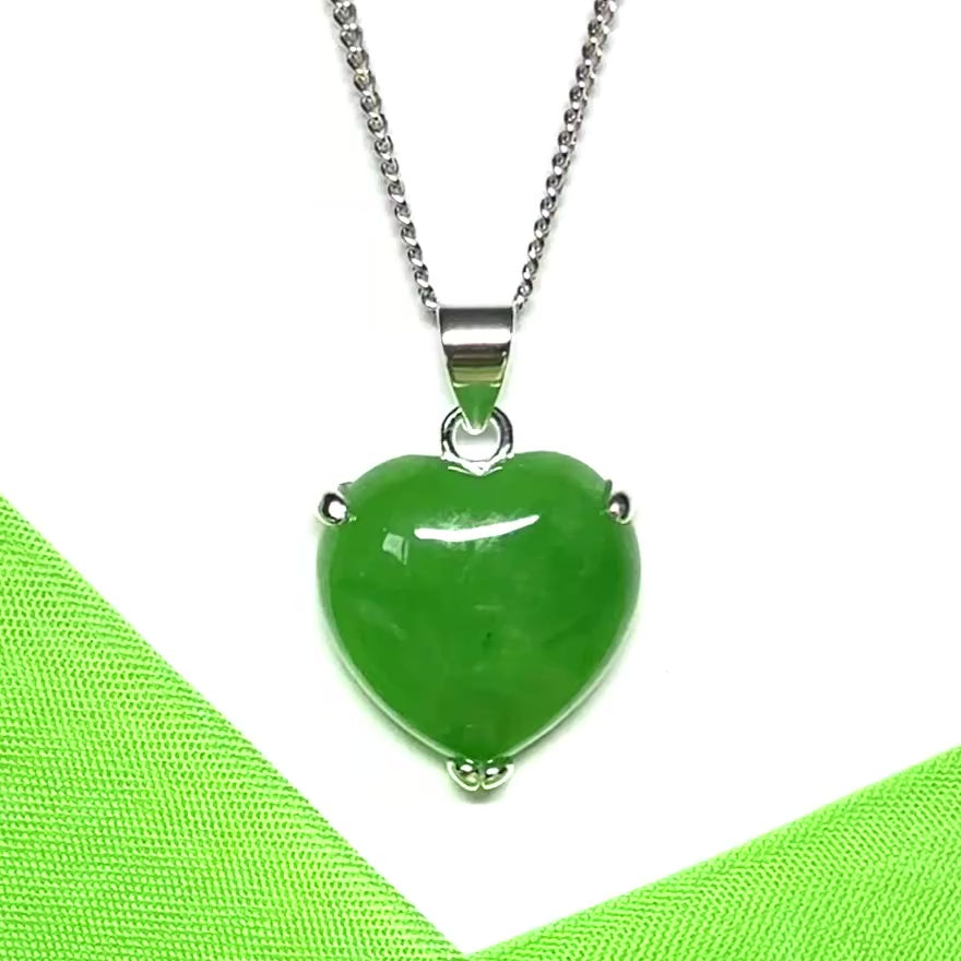 A real green jade necklace heart shaped sterling silver pendant love necklace