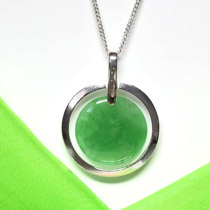 Large necklace sterling silver round shaped green real jade halo styled pendant with a chain included as well