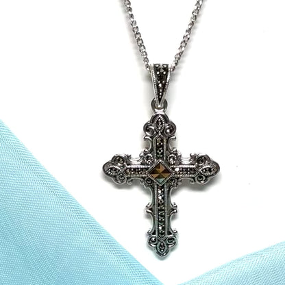 Large real marcasite cross and chain sterling silver