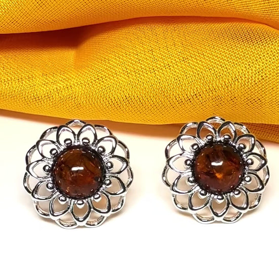 Stud earrings real amber open pierced round floral designed sterling silver