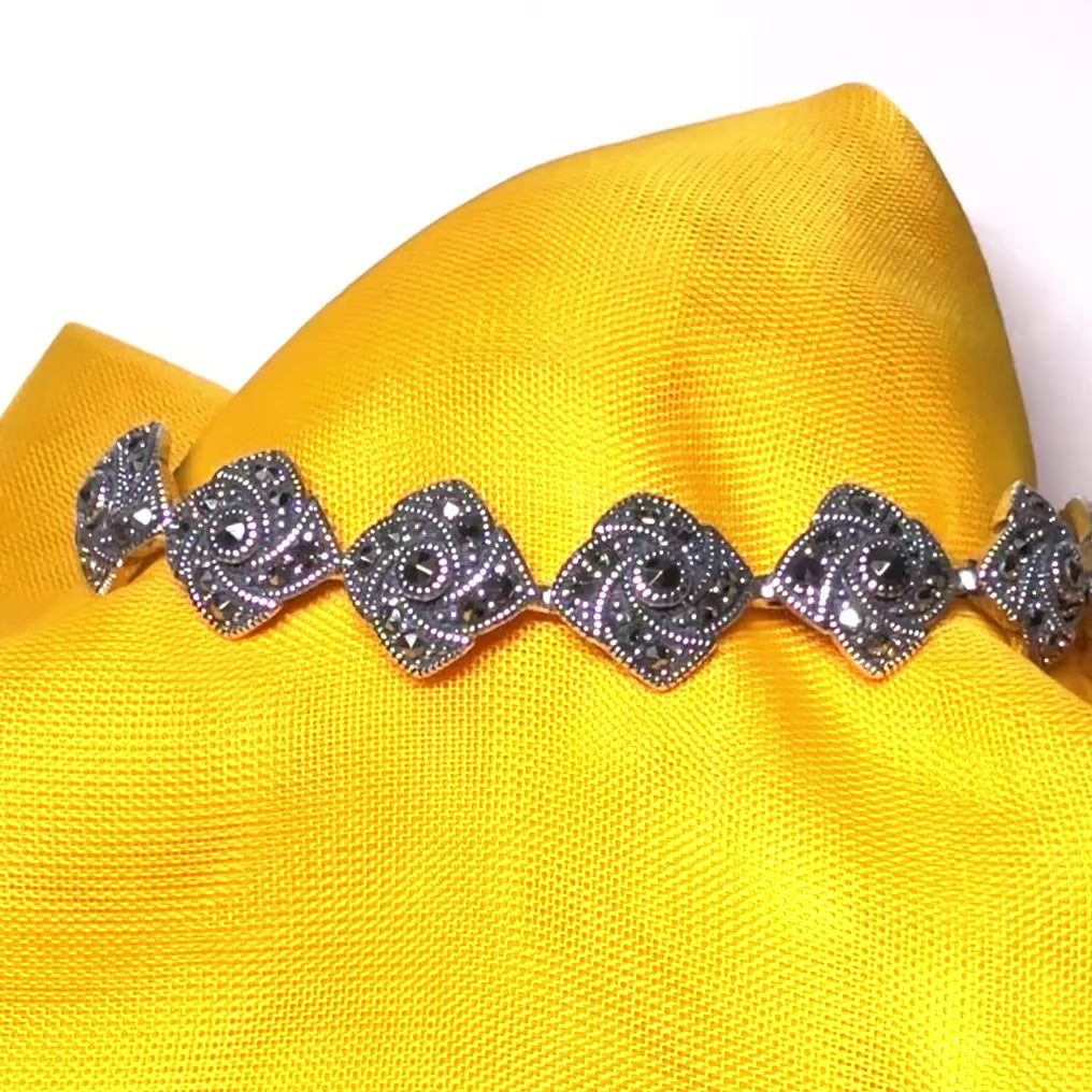 Real marcasite sterling silver bracelet diamond swirl shaped