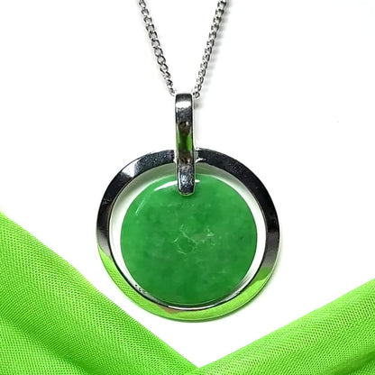 Large necklace sterling silver round shaped green real jade halo styled circle pendant with a solid curb chain