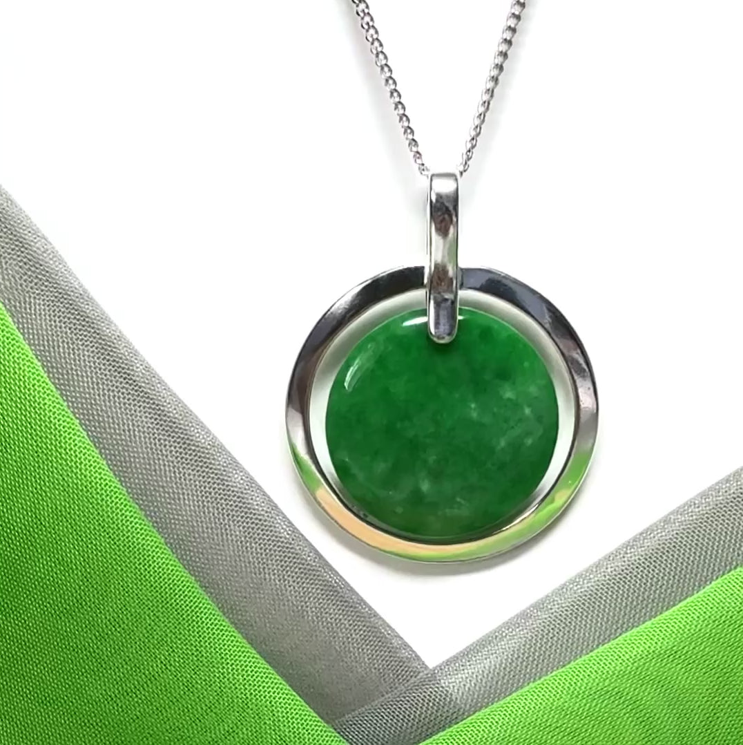 Real green jade necklace in a large round shape with a beautiful designed halo pendant with chain