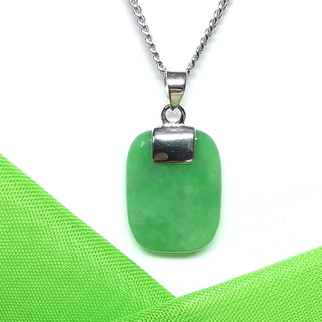 Sterling silver cushion shaped real green jade necklace pendant beautiful and stunning