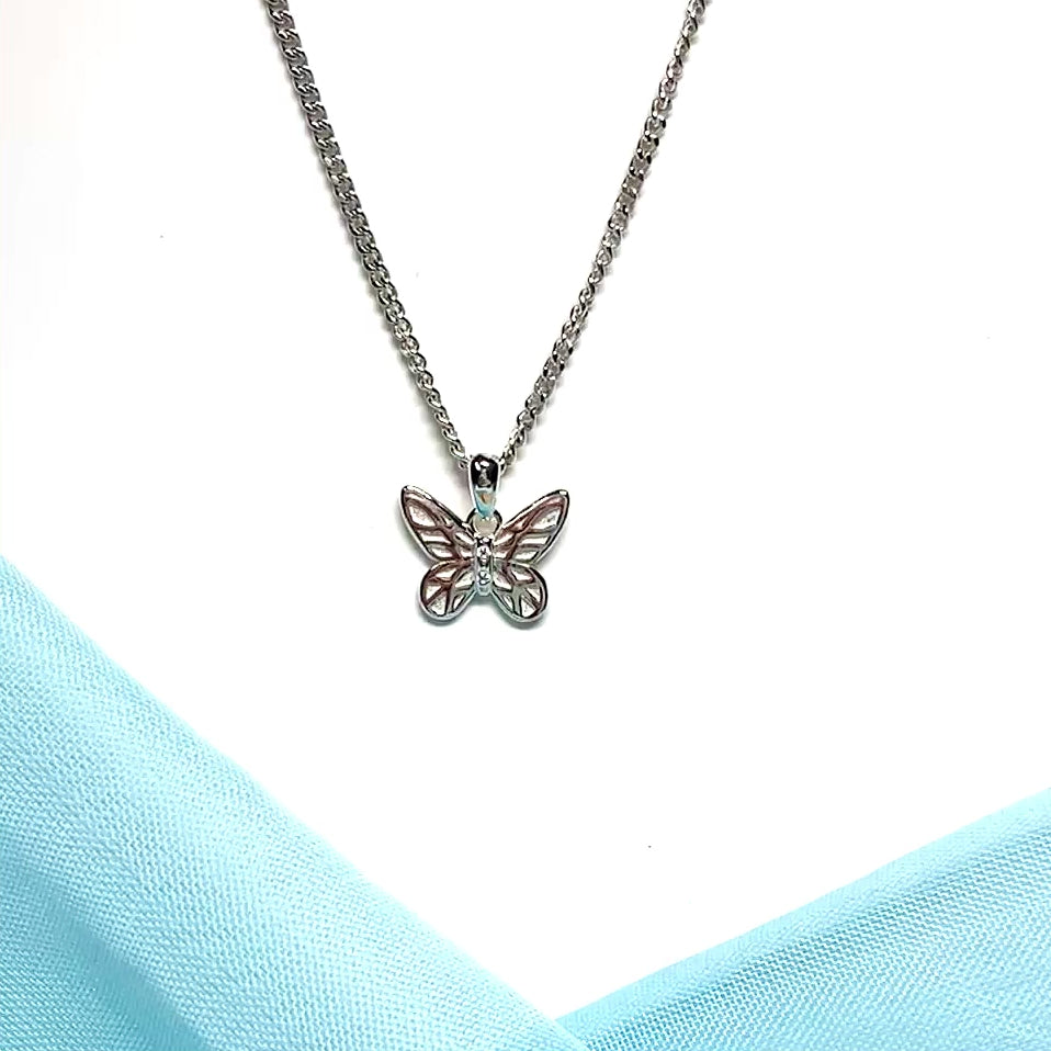 Real diamond set small butterfly necklace sterling silver