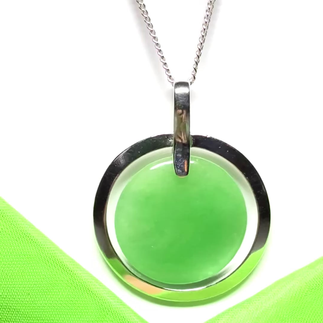 Large round halo necklace sterling silver circle shaped green real jade styled pendant