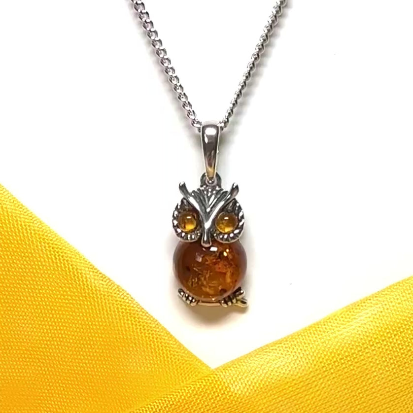 Owl shaped necklace pendant real amber sterling silver