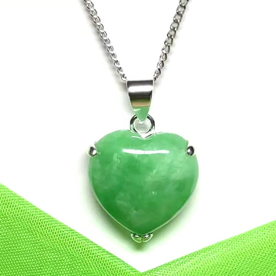 Necklace heart shaped sterling silver pendant with a love heart real green jade stone