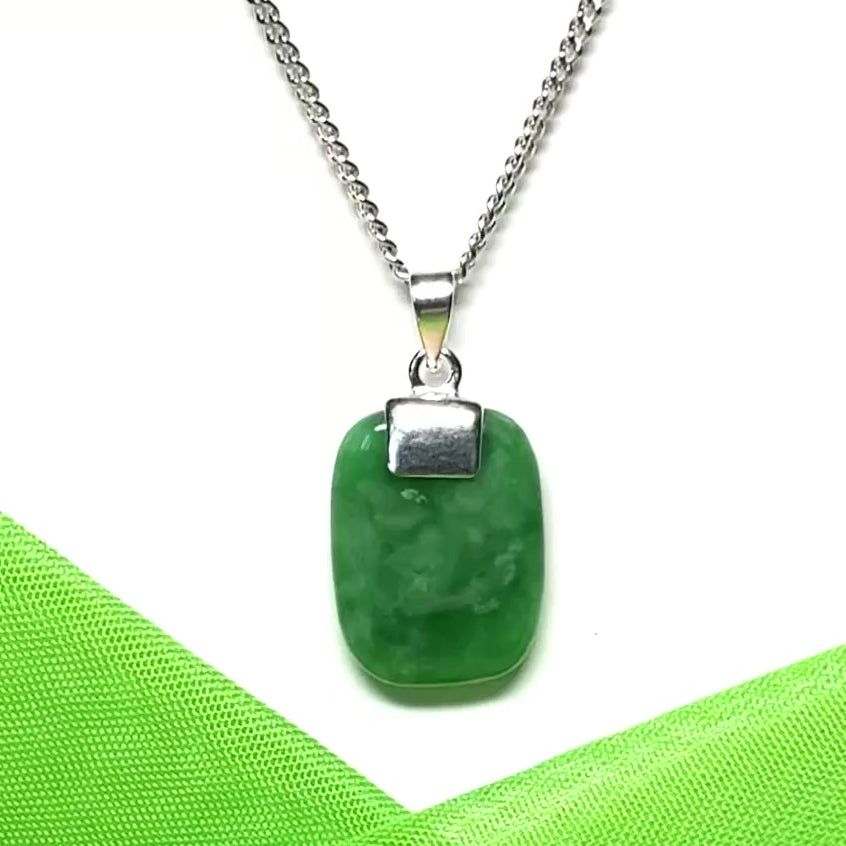 Real green jade necklace with a cushion shaped stone sterling silver including chain