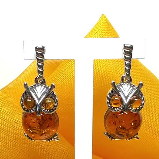 Owl shaped drop earrings real amber sterling silver