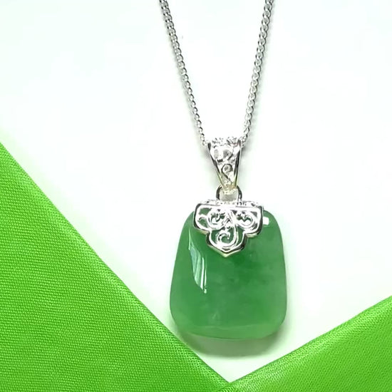 Real jade necklace green sterling silver large cushion shaped, with a timeless design pendant
