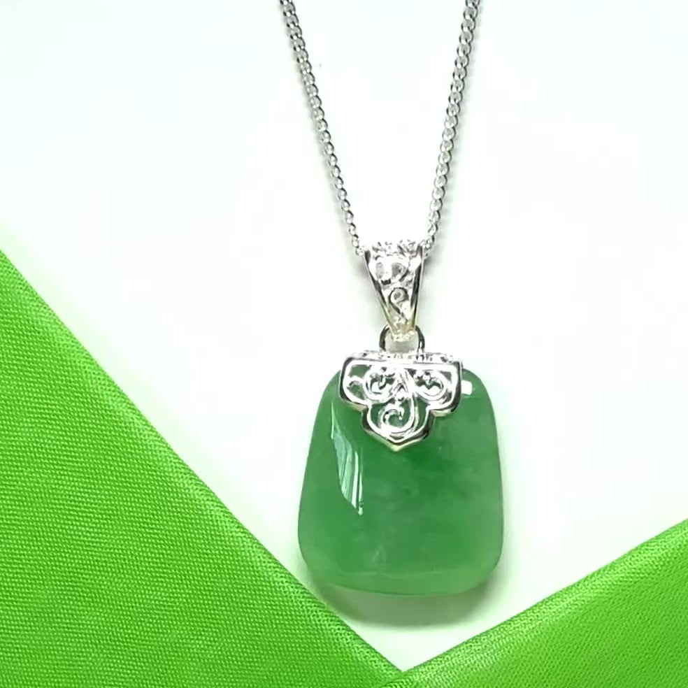 Real jade necklace green sterling silver large cushion shaped, with a timeless design pendant