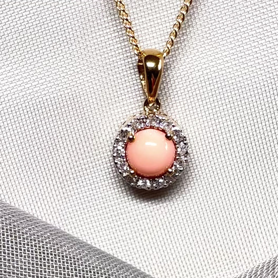 Real coral necklace with real diamond yellow gold round cluster pendant