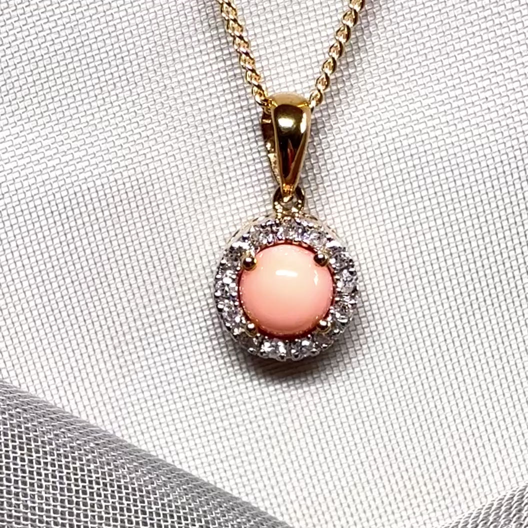 Real coral necklace with real diamond yellow gold round cluster pendant